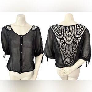 BKE Boutique Black Sheer Crochet Lace Back Boho Blouse XS Festival Top
